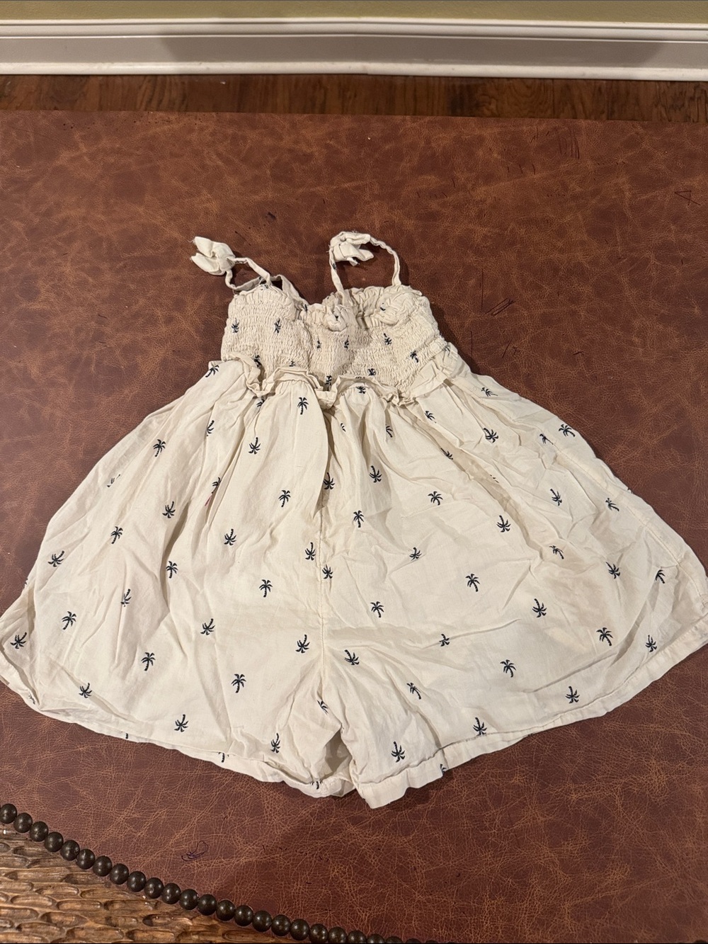 GAP Cream Romper with Navy Palm Embroidery